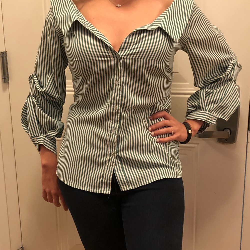 Another Story Striped Button Up Statement Blouse